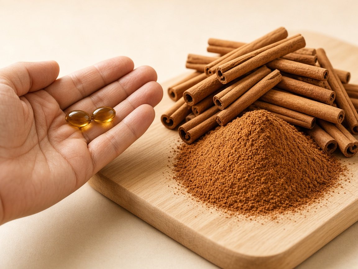 Capsule Equilae dans la main, poudre et bâtons de cannelle