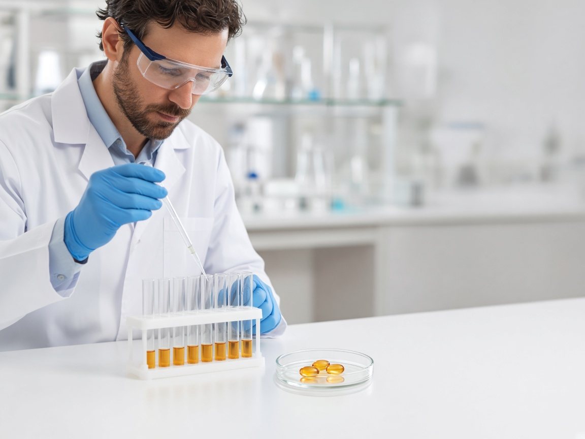 Technicien de laboratoire analysant des capsules molles